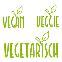 Set of Vegan hand drawn lettering. Vegetarian Veggy organic concept. Food logo design collection.