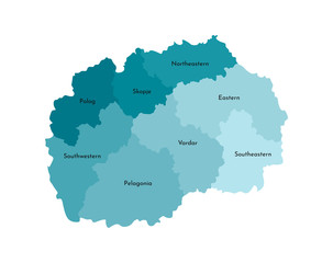 Vector isolated illustration of simplified administrative map of North Macedonia﻿. Borders and names of the regions. Colorful blue khaki silhouettes