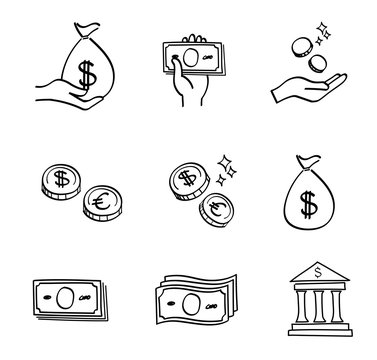 Money icon set - hand drawn style
