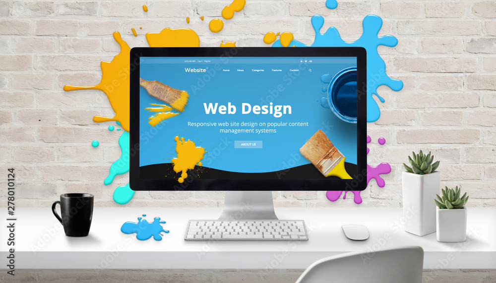 Poster Web design concept. Modern web site on computer display surrounded by brush color drops.