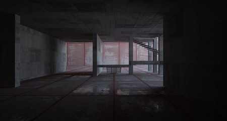 Abstract architectural concrete and rusted metal interior of a minimalist house with white background . 3D illustration and rendering.