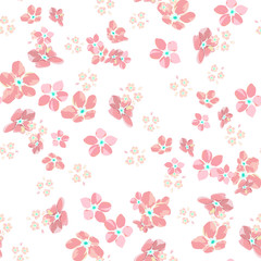 Fototapeta na wymiar gentle little flowers and petals flying aside the botanical pattern of small colored wildflowers