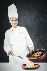 Young chef pouring tripe soup into a plate