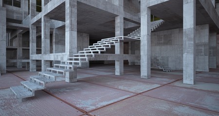 Abstract architectural concrete and rusted metal interior of a minimalist house with white background . 3D illustration and rendering.