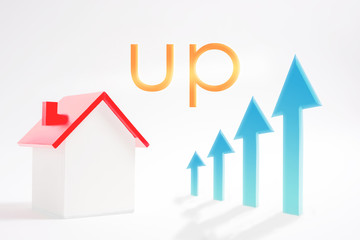 Miniature house and rising graph.  Images of income, assets, values,...
