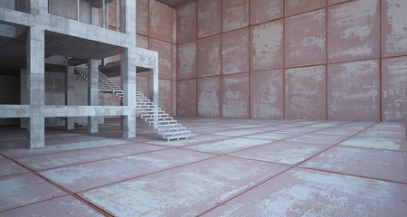 Abstract architectural concrete and rusted metal interior of a minimalist house with white background . 3D illustration and rendering.