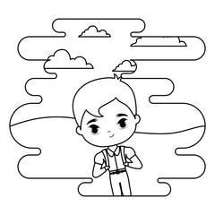 cute little student boy in landscape scene