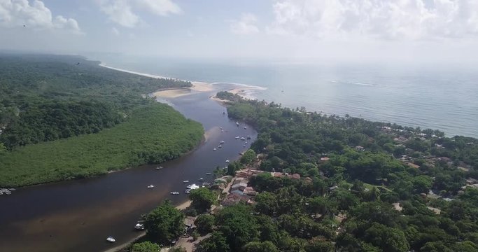 Aerial view of Barra de Caraiva, a coastal and seaside community located in Porto Seguro, Bahia, Brazil