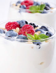 Two glasses of white yogurt with wild berries