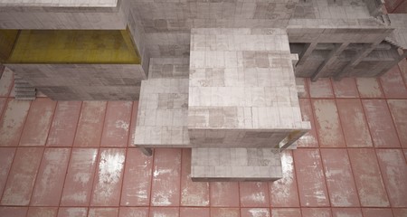 Abstract architectural concrete and rusted metal interior of a minimalist house with white background . 3D illustration and rendering.