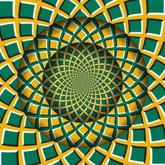 Abstract round frame with a moving yellow green squares pattern. Optical illusion hypnotic background.