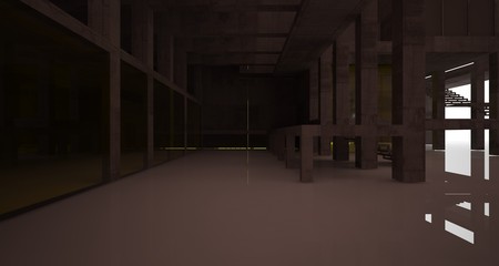 Abstract architectural concrete and rusted metal interior of a minimalist house with white background . 3D illustration and rendering.