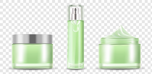 Skin toner mockup and green blank bottle with cream