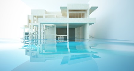 Fototapeta na wymiar Abstract architectural concrete interior of a minimalist house standing in the water. 3D illustration and rendering.