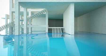 Abstract architectural concrete interior of a minimalist house standing in the water. 3D illustration and rendering.