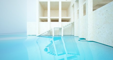 Fototapeta na wymiar Abstract architectural concrete interior of a minimalist house standing in the water. 3D illustration and rendering.