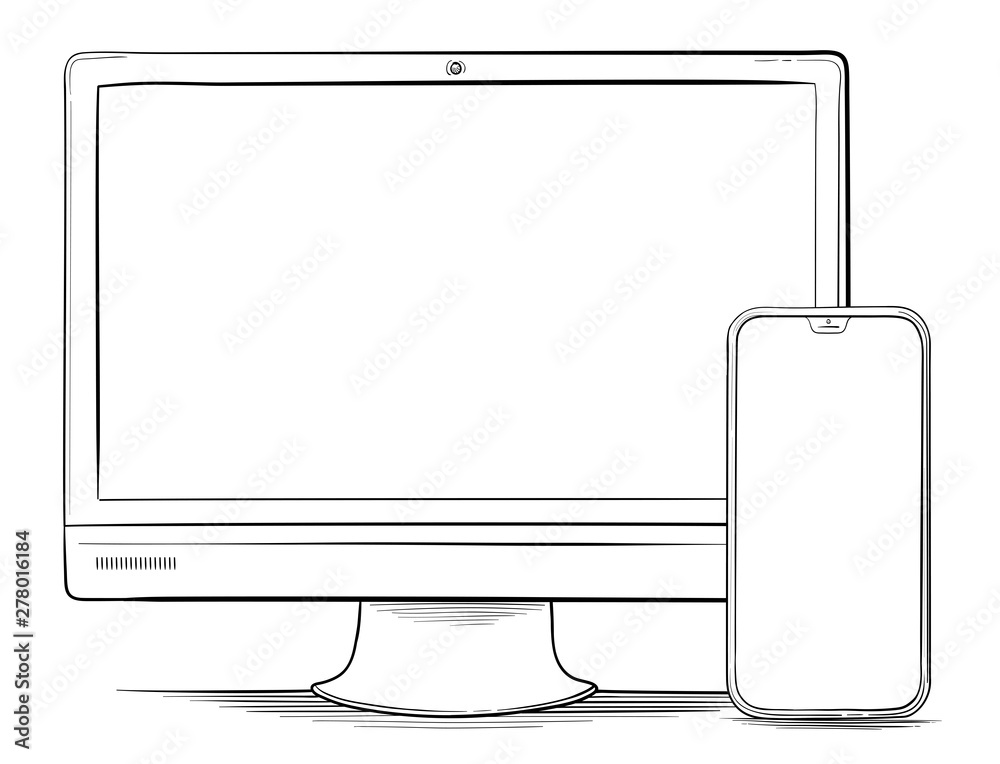 Poster hand drawn mobile phone and computer monitor vector illustration