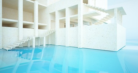 Abstract architectural concrete interior of a minimalist house standing in the water. 3D illustration and rendering.