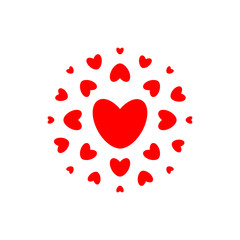 Love and health symbol. Red hearts in circle, simple elegance round logo template. Concept design for wedding day, valentine day, pharmacy decor. Isolated vector emblem.