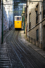 famous yellow funicular on the street of Lisbon, Portugal