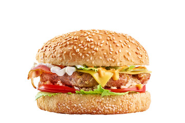burger with big chicken cutlet, cheddar cheese, bacon, tomatoes and caramelized onion isolated at white background.
