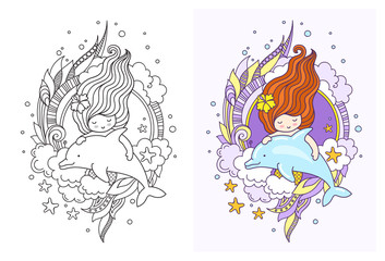 Princess mermaid with dolphin. Cute cartoon character. Vector illustration for coloring book, print, card, postcard, poster, t-shirt and tattoo.