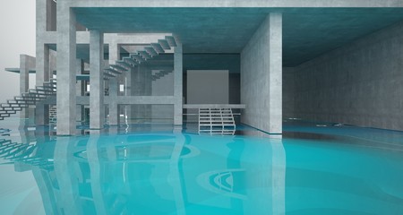 Abstract architectural concrete interior of a minimalist house standing in the water. 3D illustration and rendering.