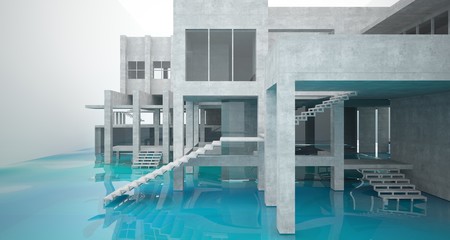 Abstract architectural concrete interior of a minimalist house standing in the water. 3D illustration and rendering.