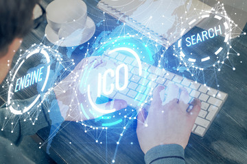 Blockchain theme hud with businessman working on computer on background. Concept of crypto chain....
