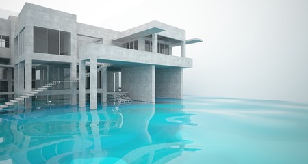 Obraz na płótnie Canvas Abstract architectural concrete interior of a minimalist house standing in the water. 3D illustration and rendering.