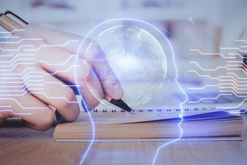 Haman brain multi exposure icon with man hands background.