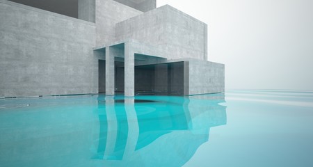 Abstract architectural concrete interior of a minimalist house standing in the water. 3D illustration and rendering.