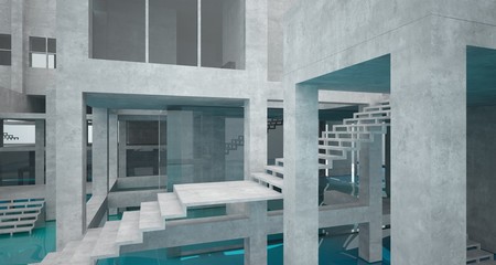 Abstract architectural concrete interior of a minimalist house standing in the water. 3D illustration and rendering.