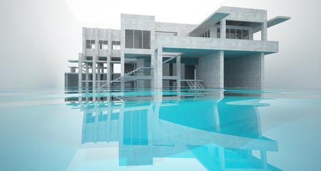 Abstract architectural concrete interior of a minimalist house standing in the water. 3D illustration and rendering.