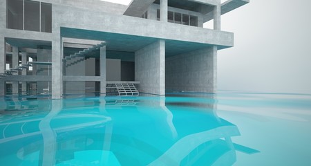 Abstract architectural concrete interior of a minimalist house standing in the water. 3D illustration and rendering.