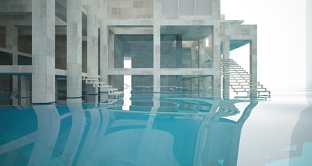 Abstract architectural concrete interior of a minimalist house standing in the water. 3D illustration and rendering.