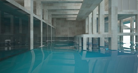 Abstract architectural concrete interior of a minimalist house standing in the water. 3D illustration and rendering.