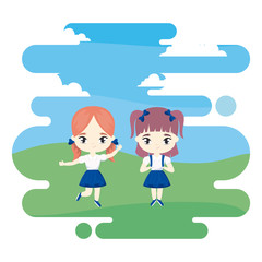cute little student girls in landscape scene