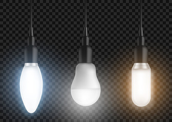 Led bulbs set. Glowing lamps, incandescent modern halogen lightbulbs of different shapes, forms hanging from above, light equipment isolated on transparent background. Realistic 3d vector illustration