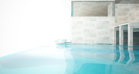 Abstract architectural concrete interior of a minimalist house standing in the water. 3D illustration and rendering.