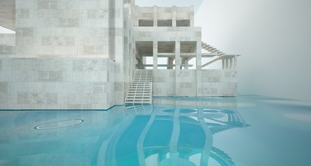 Abstract architectural concrete interior of a minimalist house standing in the water. 3D illustration and rendering.