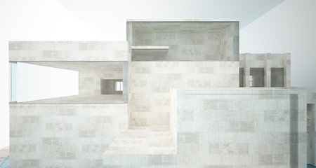 Abstract architectural concrete interior of a minimalist house standing in the water. 3D illustration and rendering.