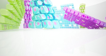 Abstract dynamic interior with colored smooth objects. 3D illustration and rendering