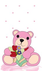 Oso rosa con tulipanes y corazones.