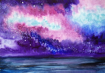 Drawing of bright violet universe, galaxy blue sky