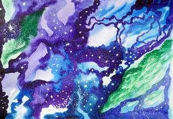 Drawing of bright violet universe, galaxy blue sky