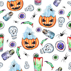 Halloween pattern, Hand-drawn watercolor Happy Halloween background. Cocktail with eyeball, skull, spider, pumpkin. 