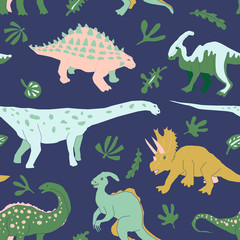 Cute herbivorous dinosaur seamless pattern. Dino flat handdrawn clipart. Prehistoric animals. Cartoon illustration for textile, wrapping, wallpapers for kids