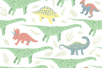 Cute herbivorous dinosaur seamless pattern. Prehistoric animals. Cartoon illustration for textile, wrapping, wallpapers for kids