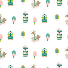 Hawaii seamless vector pattern. Tiki mask and palm trees white background.